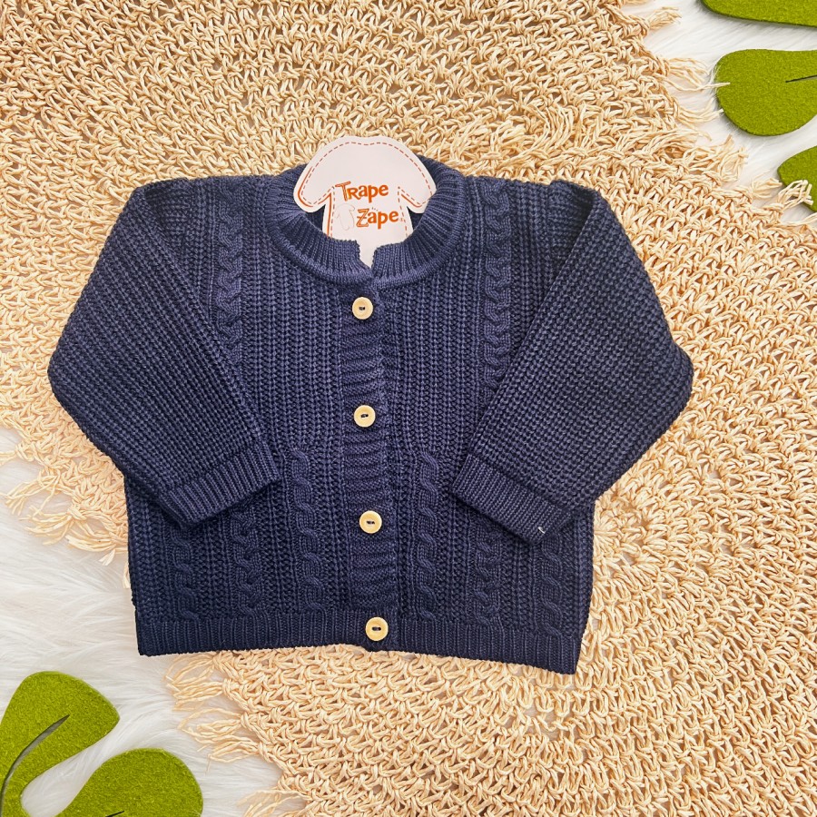  Casaco de Linha Ponto Alto com Botões - Azul Marinho